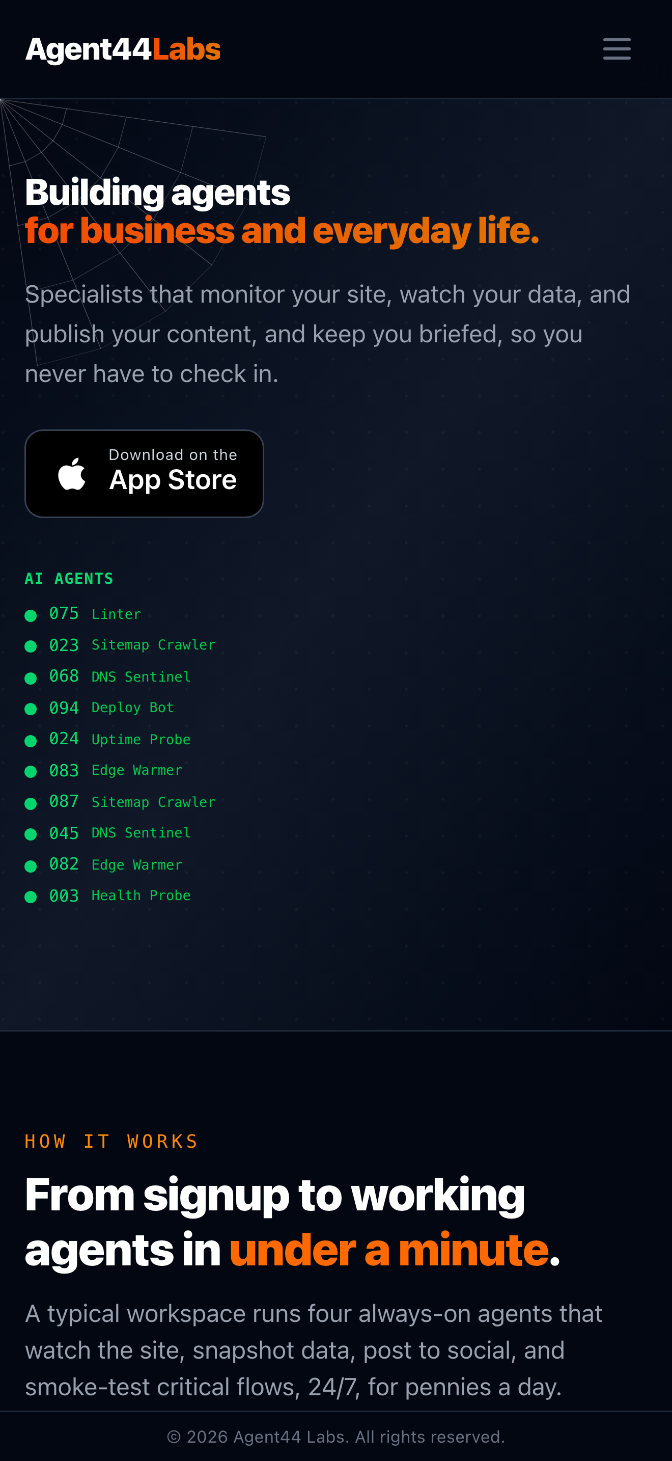 Agent44 Labs on iPhone with a live fleet of agents