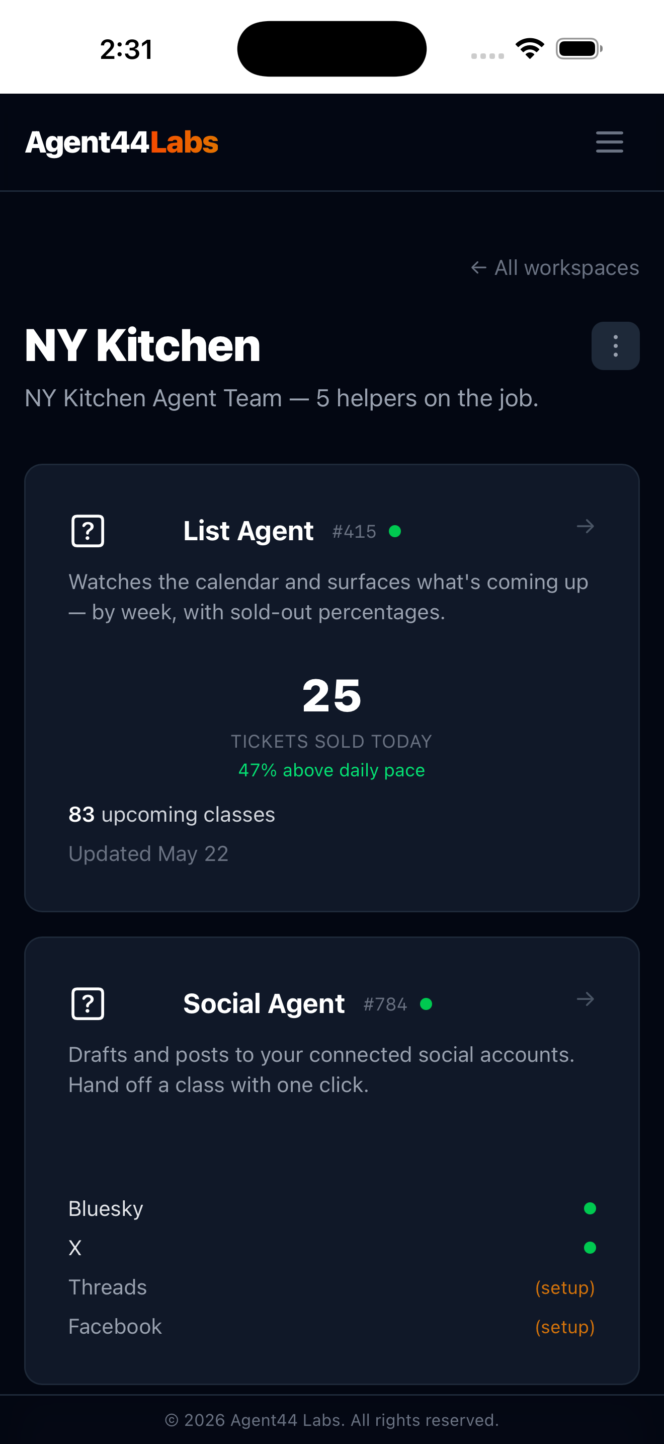 NY Kitchen workspace on iPhone with five active Agent44 Labs agents